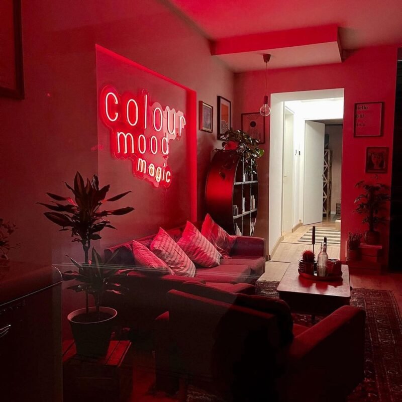 red neon led sign in the dining room
